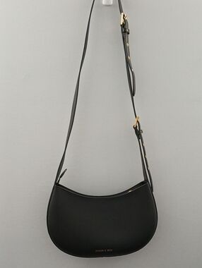 Charles & Keith Black Crescent Shoulder Bag with Gold Hardware